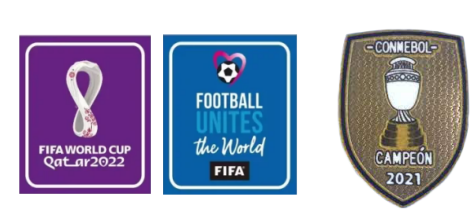 2022 Qatar Coupe du monde violet & Football Unites The World bleu badges & CONMEBOL CAMPEON 2021 badge