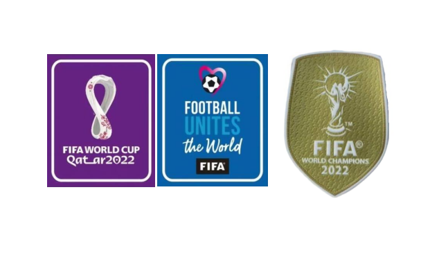 2022 Qatar Coupe du monde violet & Football Unites The World bleu badges & 2022 Coupe du monde Champion(Doré)