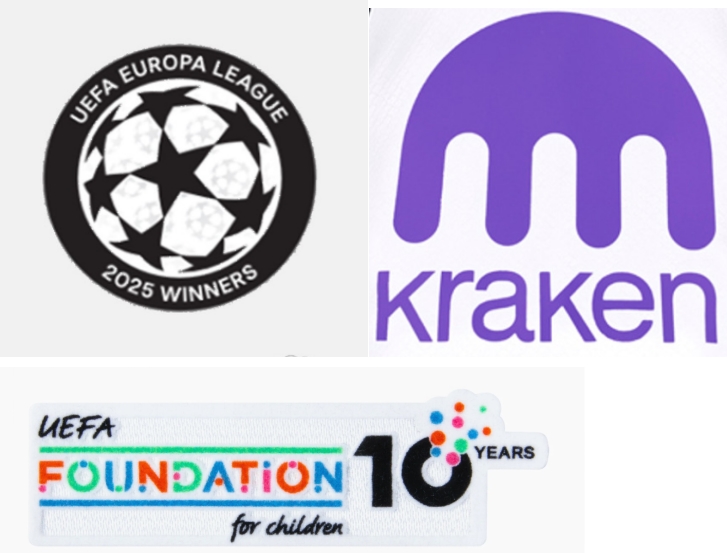 UEFA EUROPA LEAGUE 2025 WINNERS & UEFA FOUNDATION 10 ans BADGES & KRAKEN Sponsor (bleu)