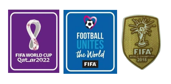2022 Qatar Coupe du monde violet & Football Unites The World bleu badges & 2018 Coupe du monde Champion(Doré)
