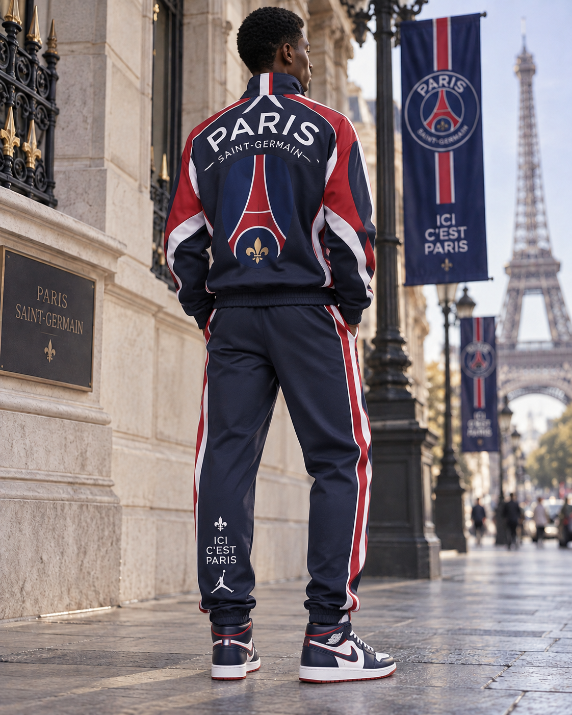 Survêtement PSG Paris Saint-Germain vu de dos, avec inscriptions Paris et motif Tour Eiffel sur la veste