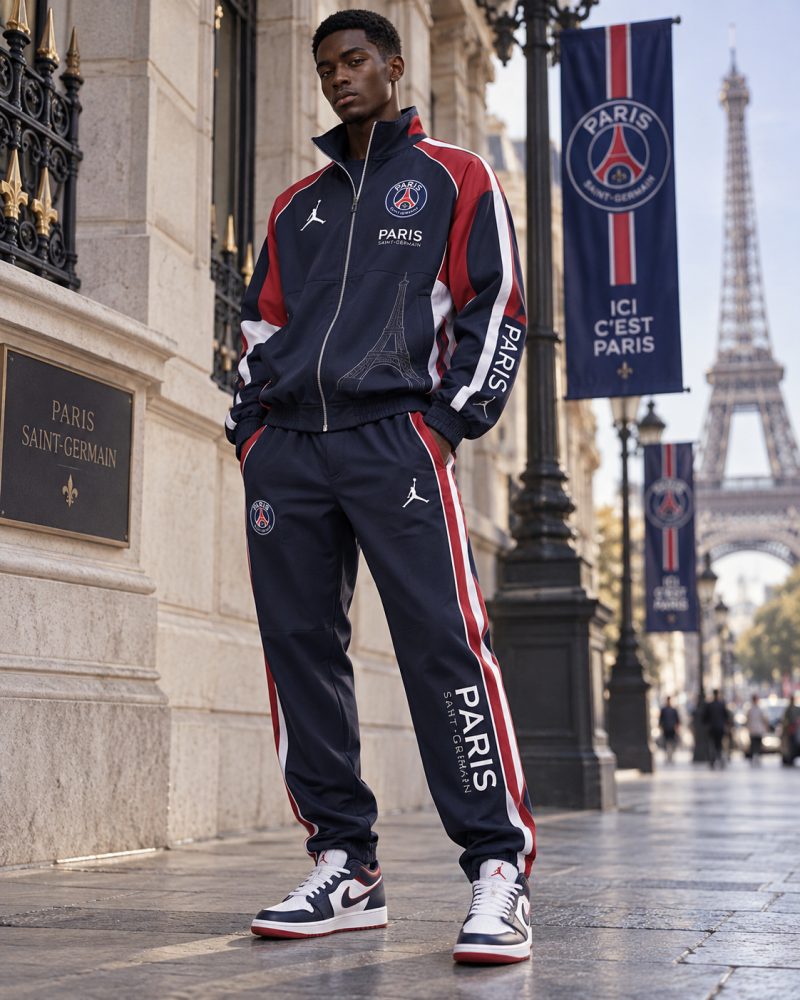 Survêtement PSG Paris Saint-Germain bleu marine, rouge et blanc, veste et pantalon vus de face